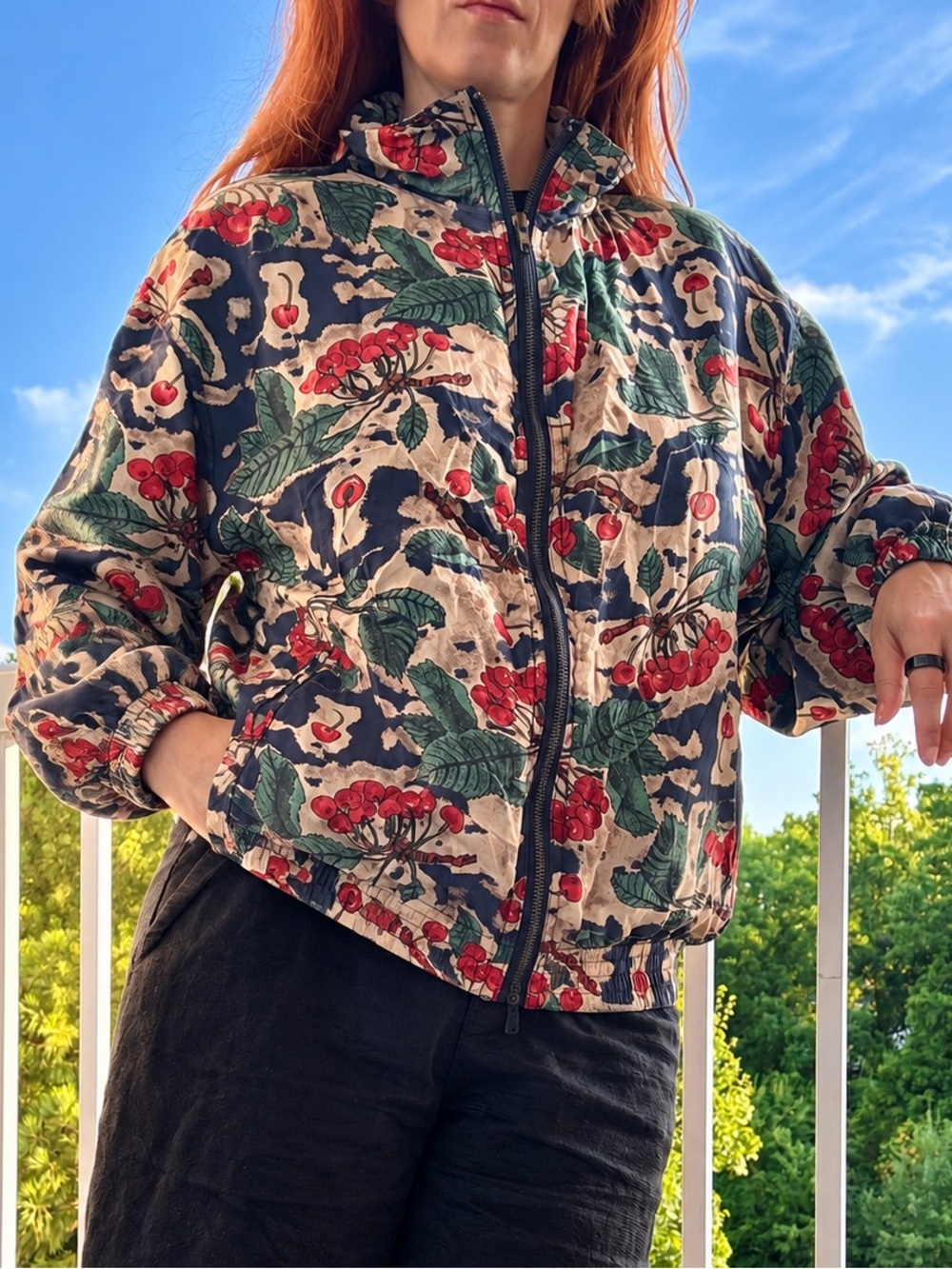 Vintage EVR 100% Silk Bomber Jacket – Cherry Print – Women’s Petite L